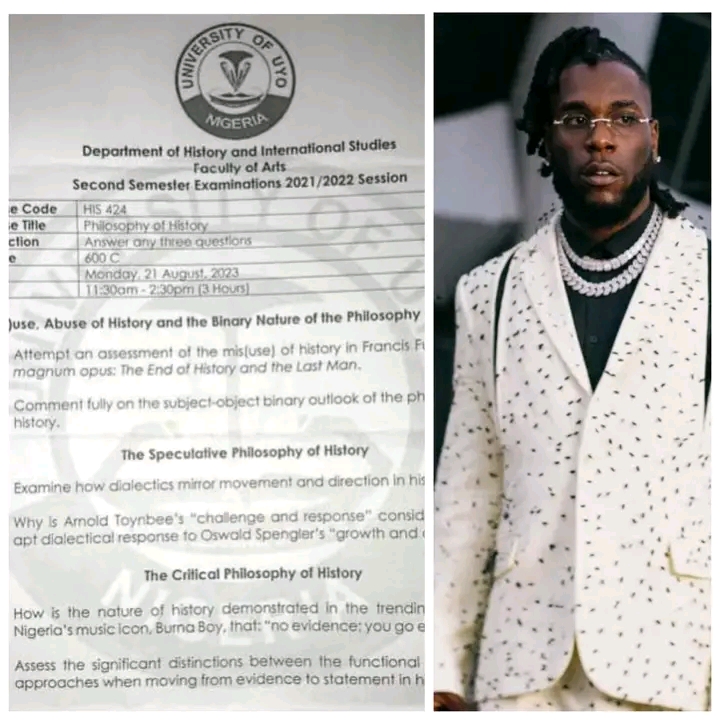'No Evidence, You Go Explain Tire', Burna Boy's Popular Saying Appears in UNIUYO Exam Question