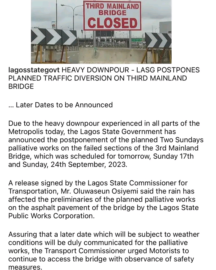 Lagos state government postpones proposed closure of Third mainland bridge